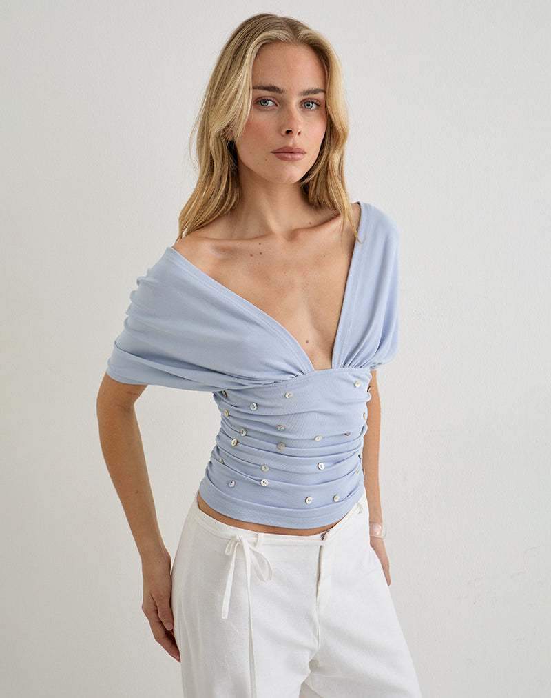 Vernia Plunge Batwing Top in Lyocell Dusty Blue with Pearl Buttons