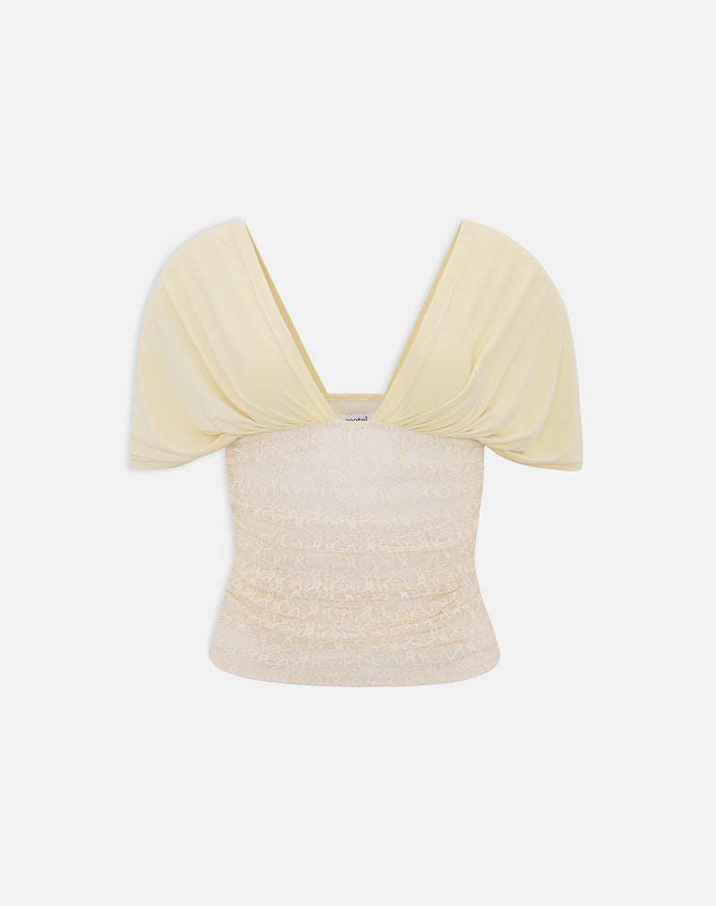 Vernia Plunge Batwing Top in Cupro Yellow with Lace Waist
