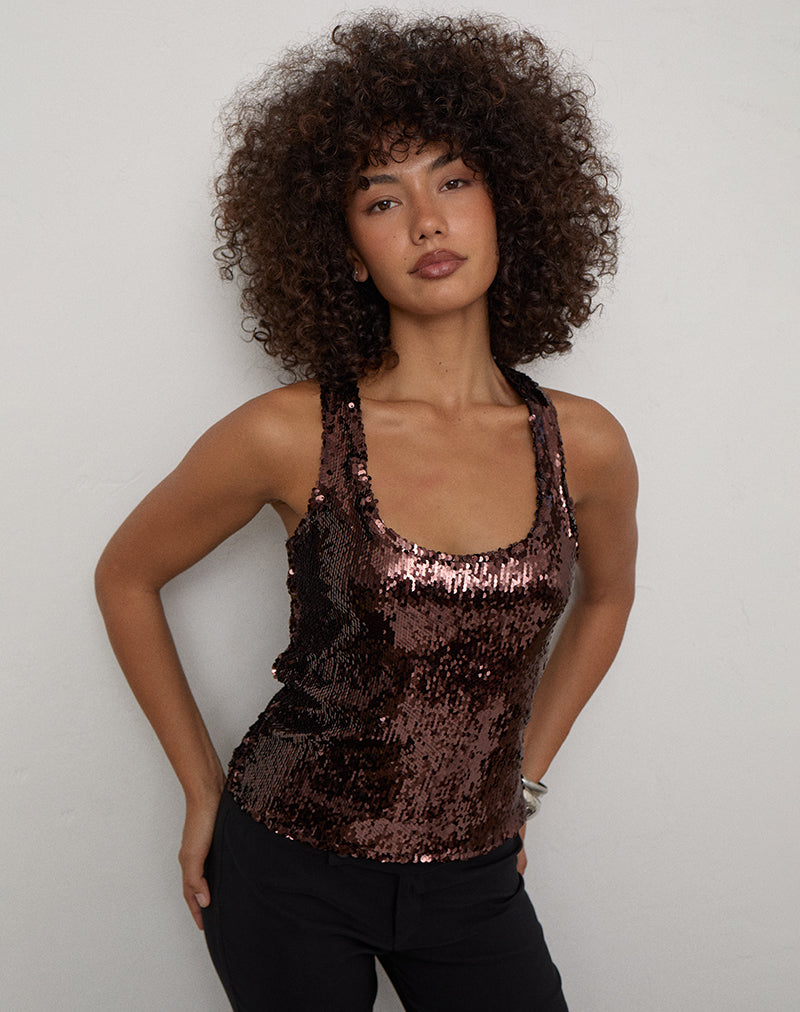 Wanda Racerback Vest Top in Sequin Brown