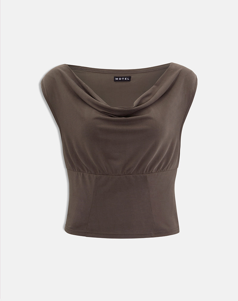 Wiyana Cowl Neck Top in Cupro Dark Brown