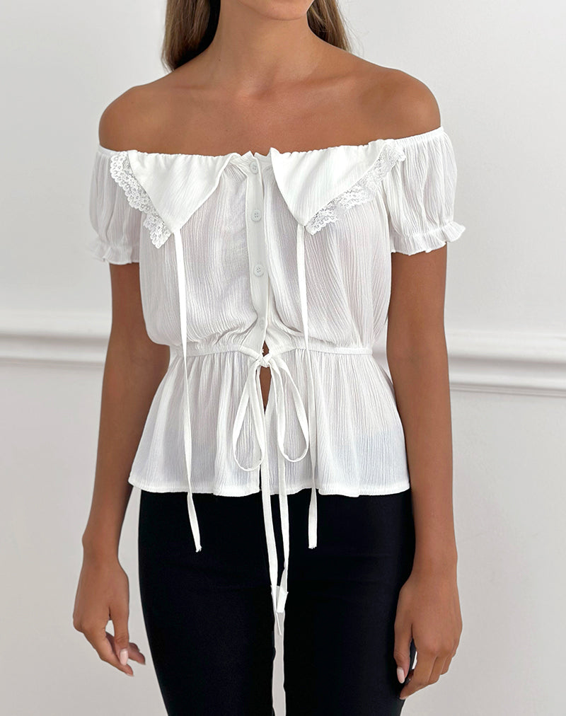 Wujala Bardot Tie Waist Top in Rayon White