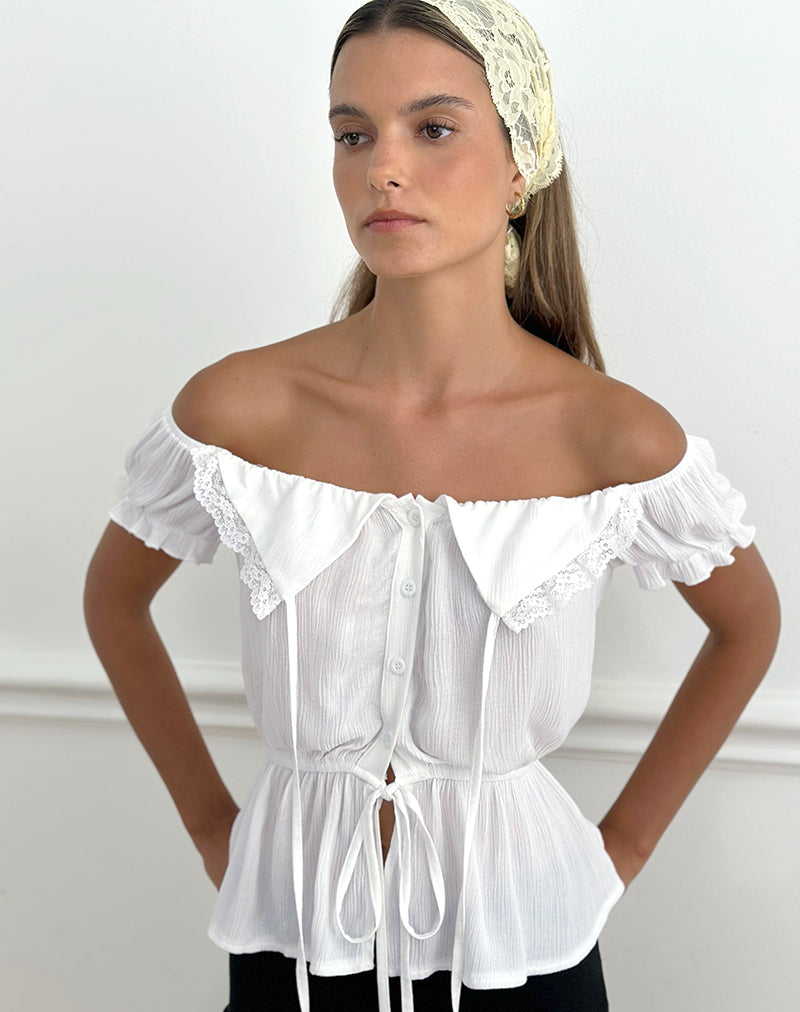 Wujala Bardot Tie Waist Top in Rayon White