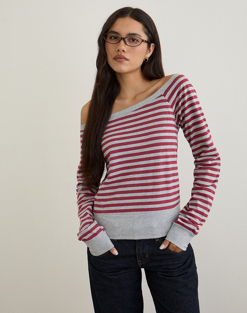 Yacin Slouchy Top in Grey and Burgundy Stripe