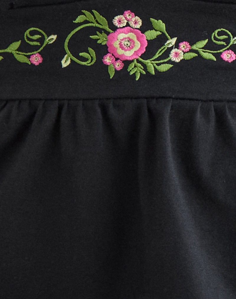 Yahop Top in Black with Swirly Floral Embroidery