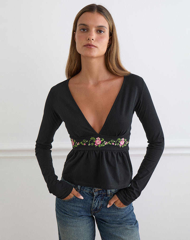 Yahop Top in Black with Swirly Floral Embroidery