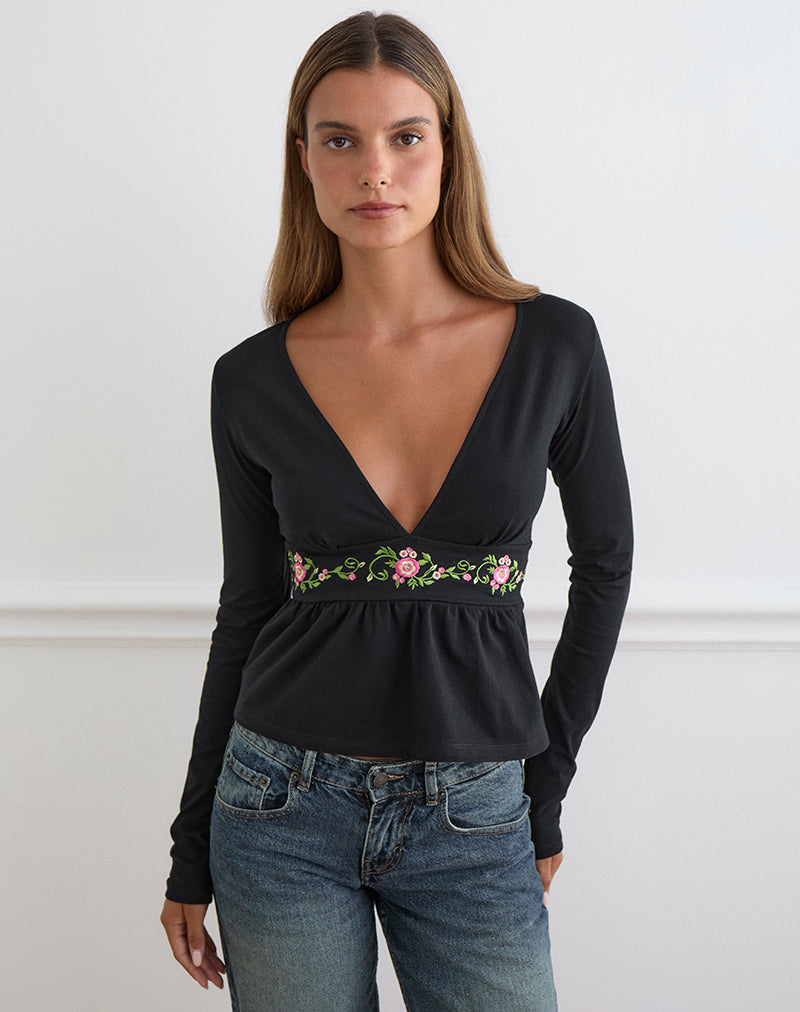 Yahop Top in Black with Swirly Floral Embroidery