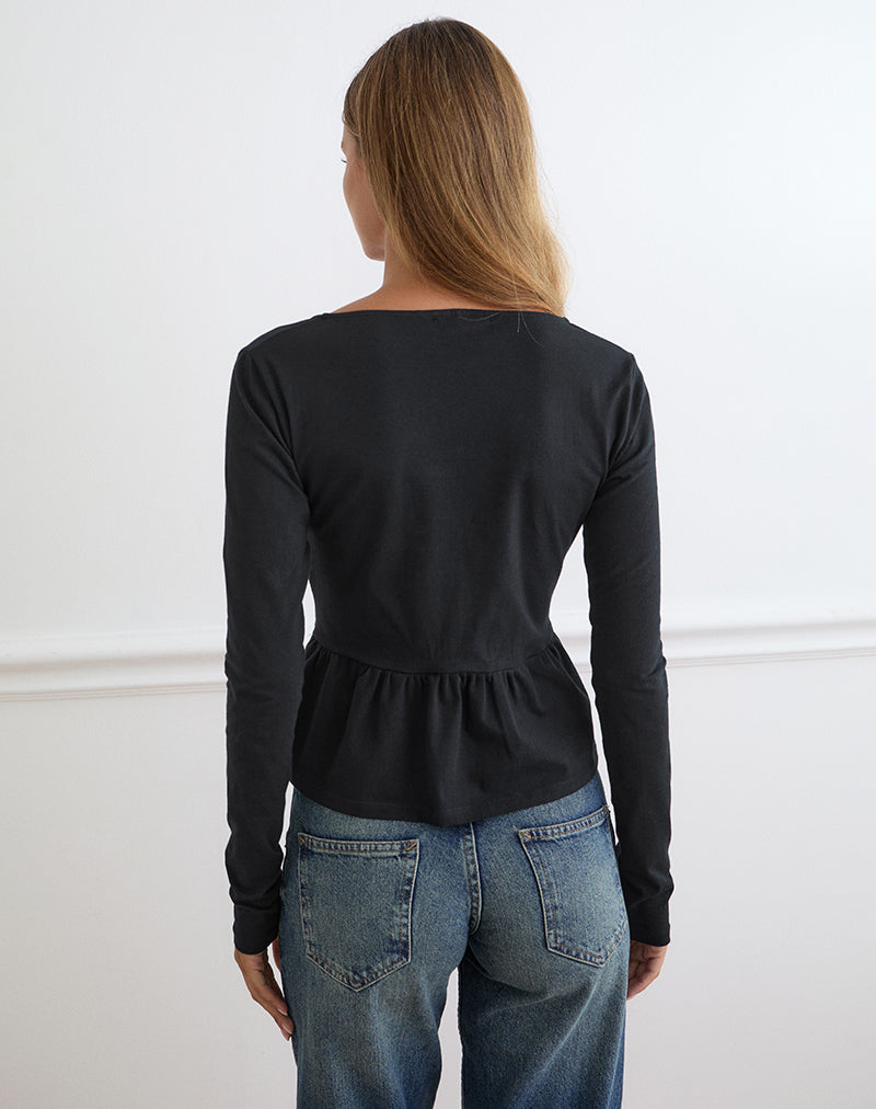 Yahop Top in Black with Swirly Floral Embroidery