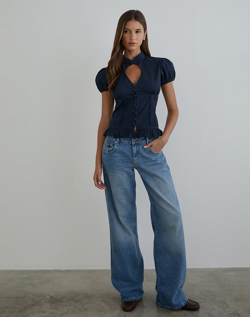 Yamila Puff Sleeve Keyhole Blouse in Dark Navy