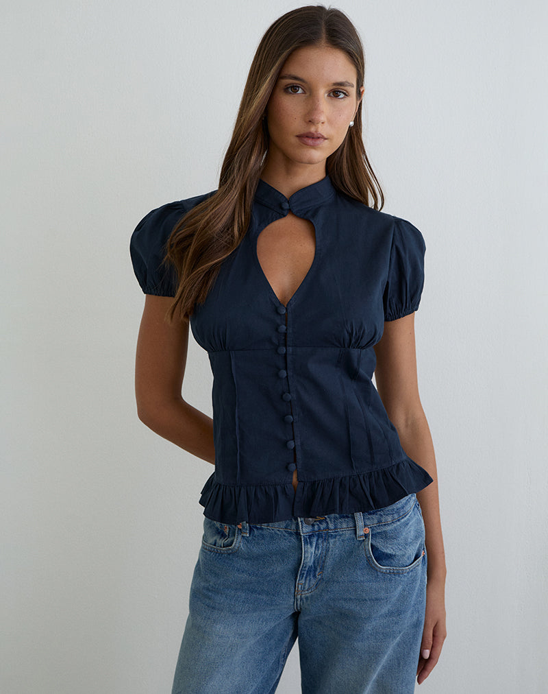 Yamila Puff Sleeve Keyhole Blouse in Dark Navy