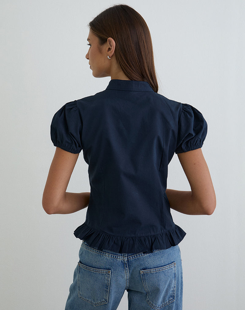 Yamila Puff Sleeve Keyhole Blouse in Dark Navy