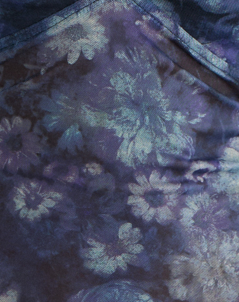 Yamuna Long Sleeve Top in Dark Blue Arty Flower Mesh