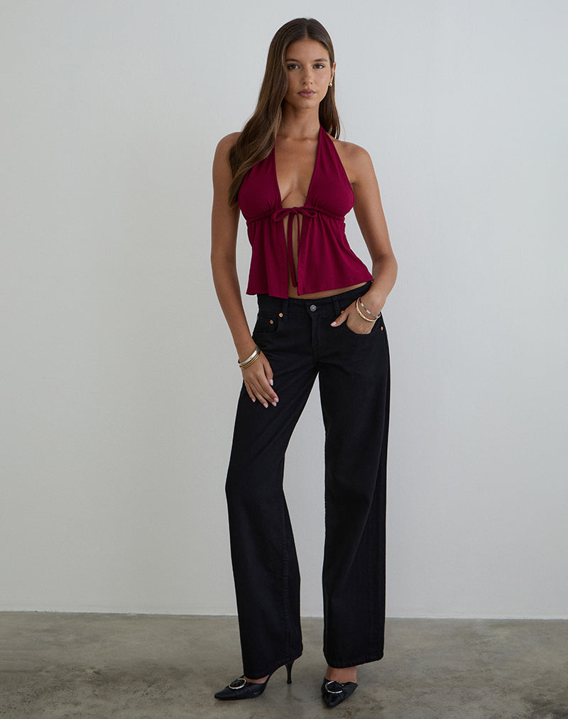 Ylva Tie-Front Halter Top in Rayon Jersey Burgundy