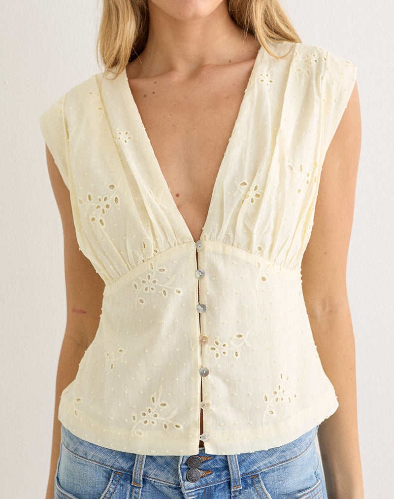Yoshino Plunge Top in Broderie Lemon
