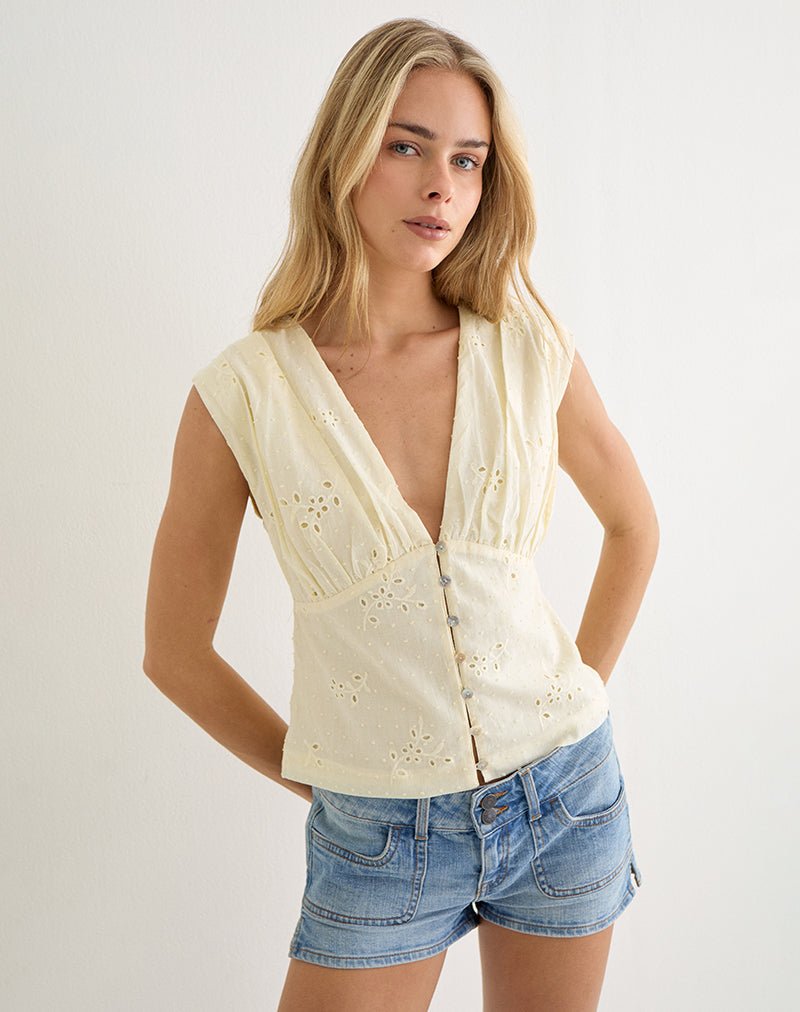 Yoshino Plunge Top in Broderie Lemon
