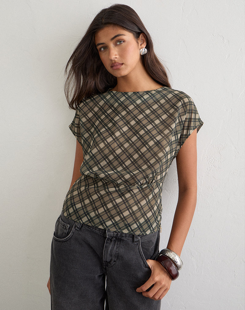 Zayla Top in Chiffon Vintage Check Olive